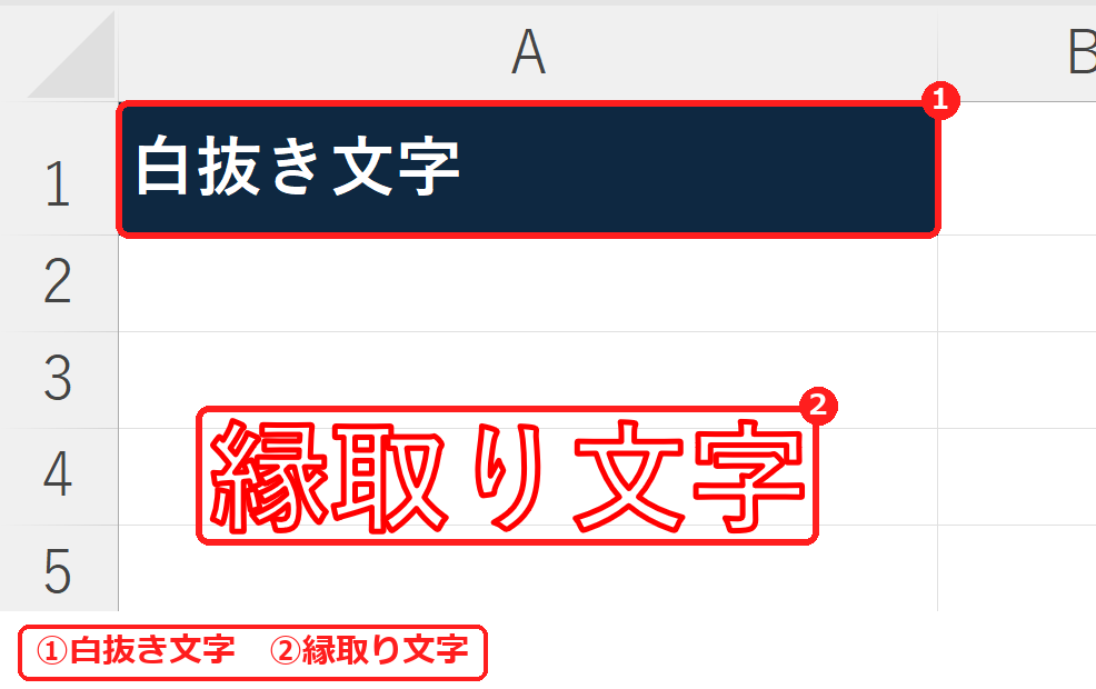 エクセルの白抜き文字と縁取り文字