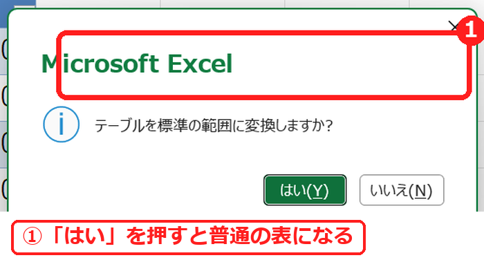 エクセルでテーブルを標準の範囲に変換しますかの確認