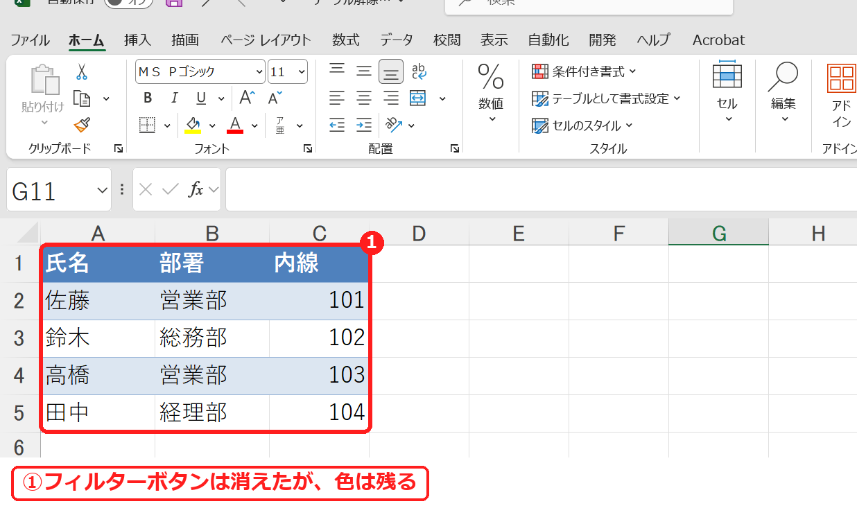 エクセルでテーブルを範囲に変換した表