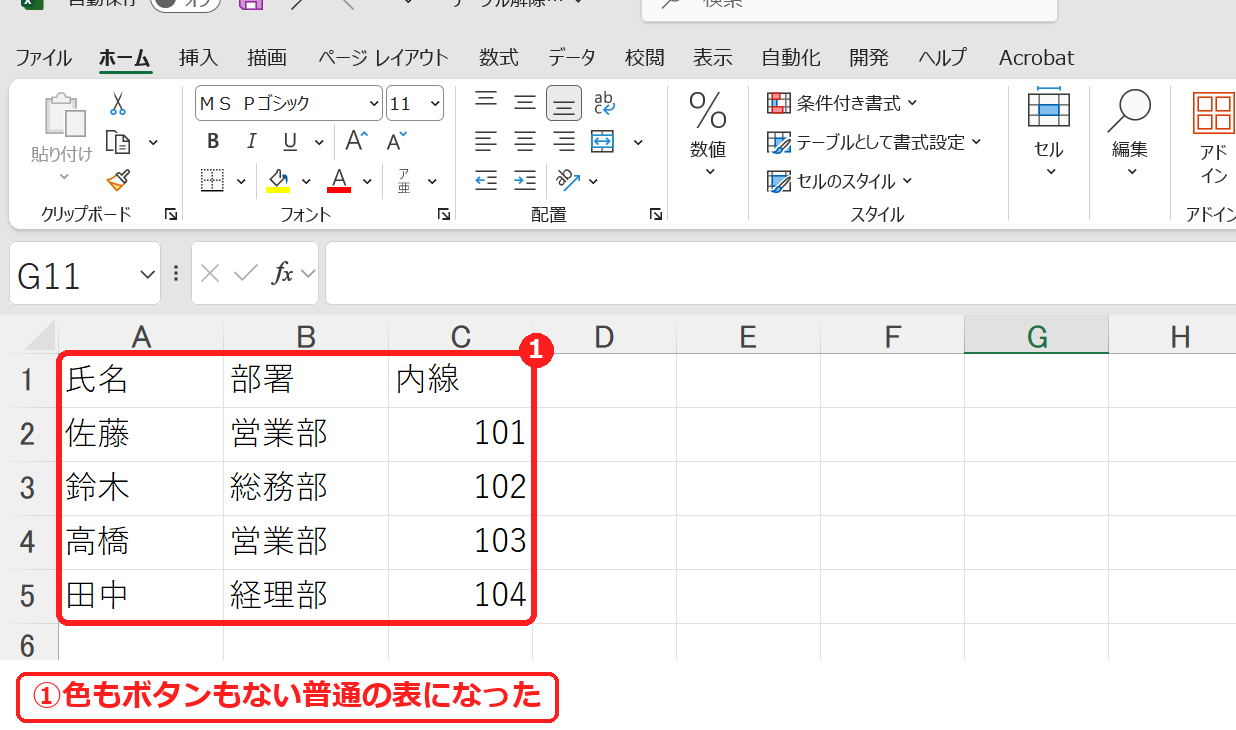 エクセルで色も消してテーブルを解除した表