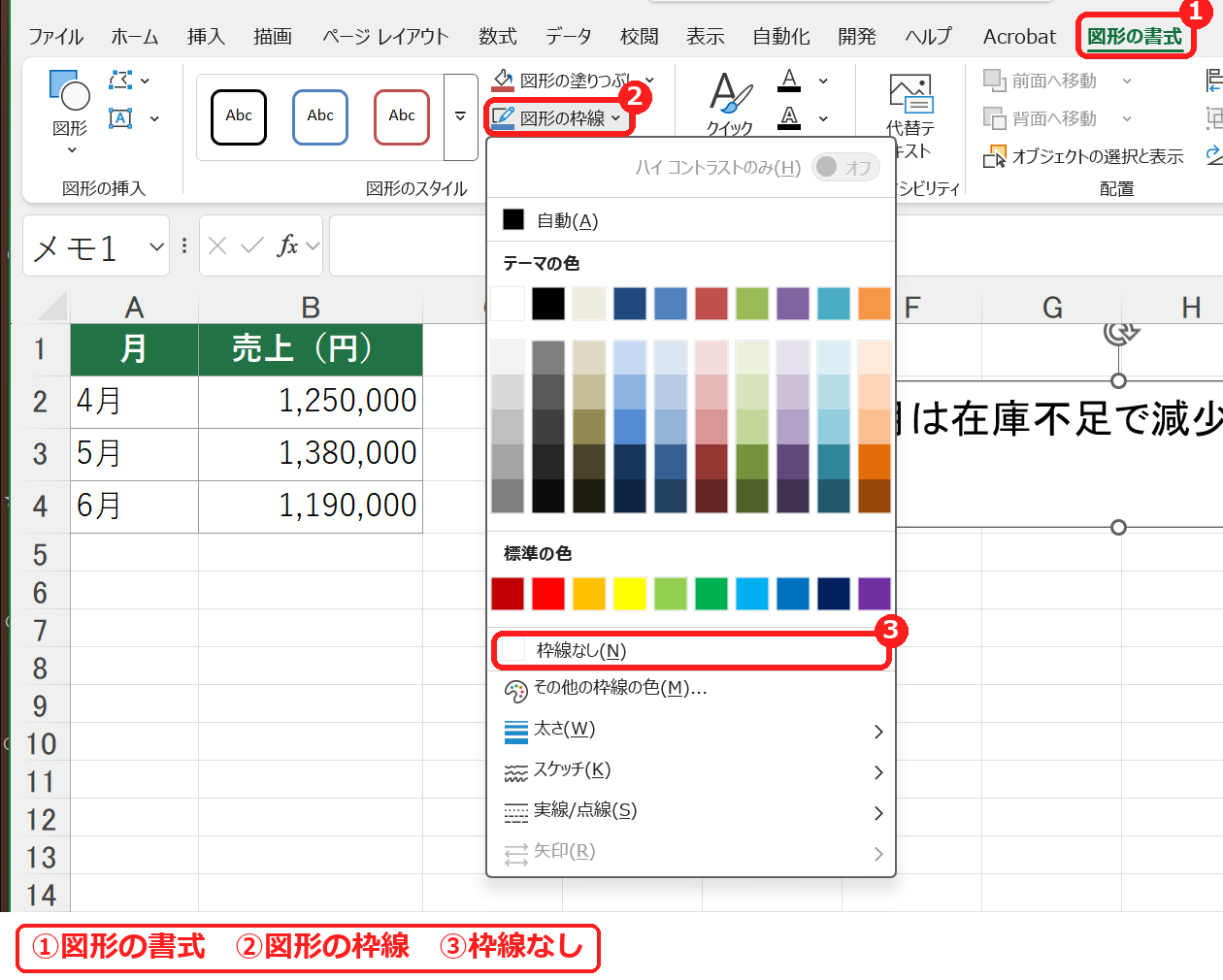 エクセルの図形の枠線から枠線なしを選ぶ