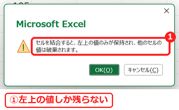 エクセルでセルを結合すると左上の値のみが保持されるメッセージ