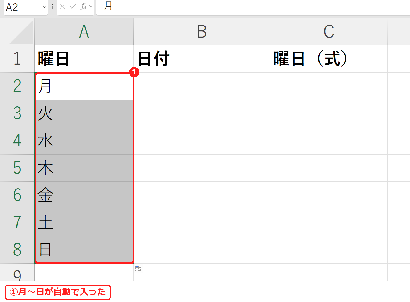 エクセルで曜日がオートフィルで入った