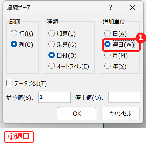 エクセルの連続データの作成で週日を選ぶ