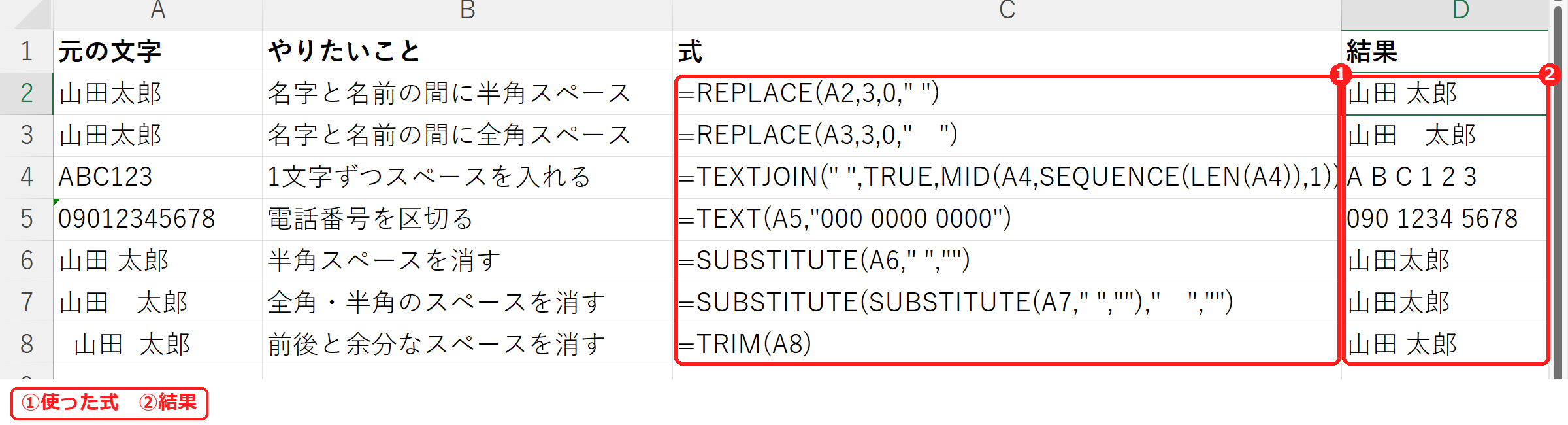 エクセルで文字の間にスペースを入れる式の一覧