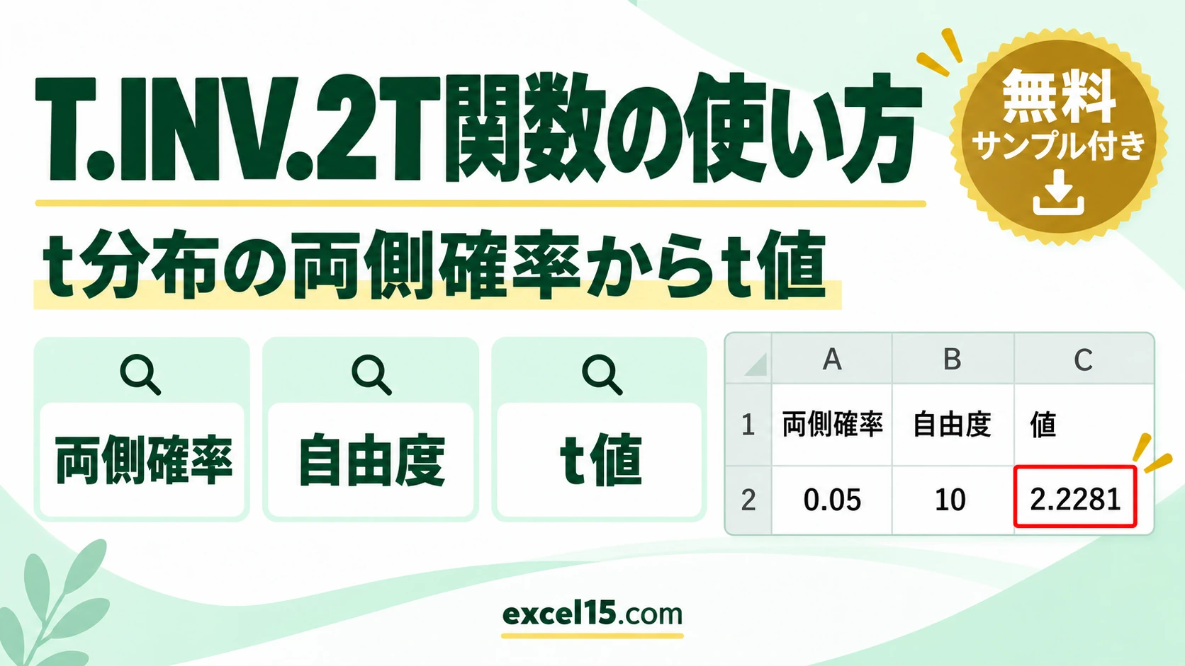 Excel T.INV.2T関数の使い方|t分布の両側確率からt値を求める