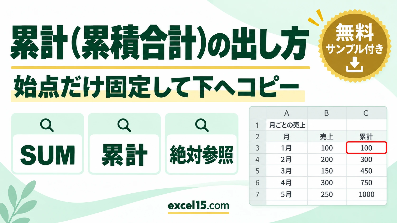 Excelで累計（累積合計）を出す方法｜SUMの範囲を固定して下へコピー