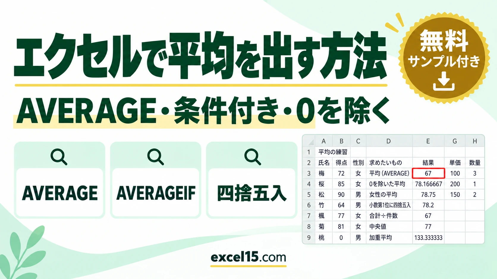 エクセルで平均を出す方法｜AVERAGE・条件付き・0を除く・四捨五入
