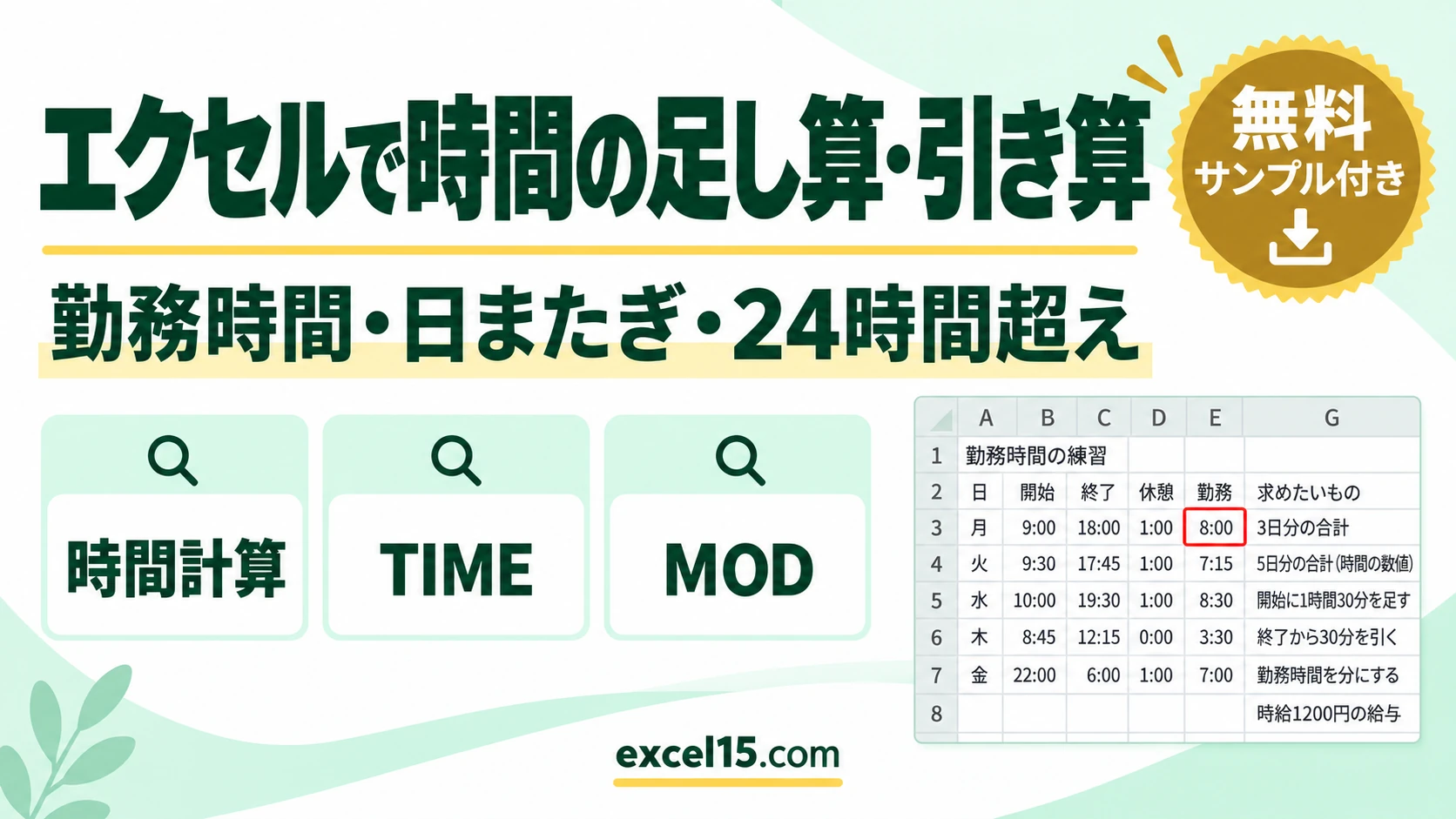 エクセルで時間の足し算・引き算|勤務時間・日またぎ・24時間超え