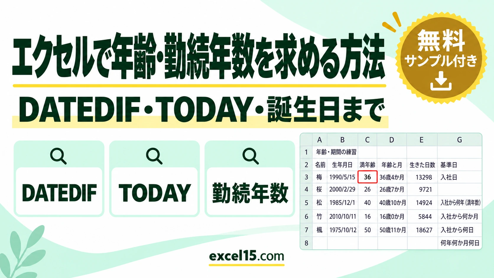 エクセルで年齢・勤続年数・日数を求める方法｜DATEDIF・TODAY