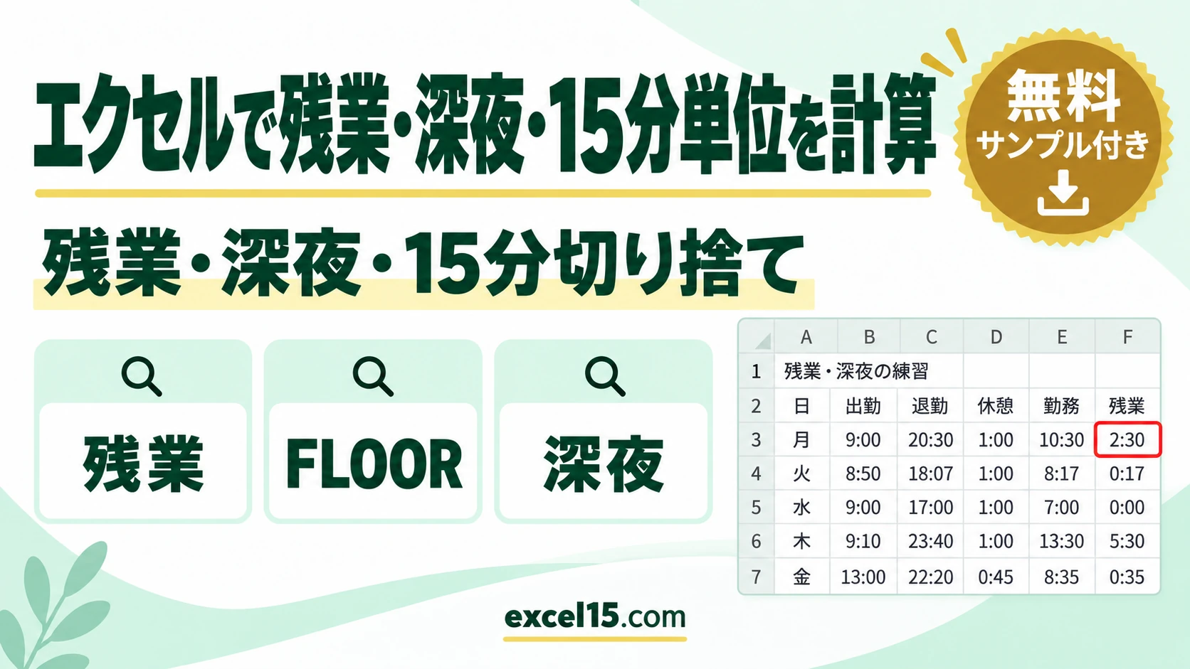エクセルで残業・深夜時間・15分単位の丸めを計算する方法｜勤怠の時間計算