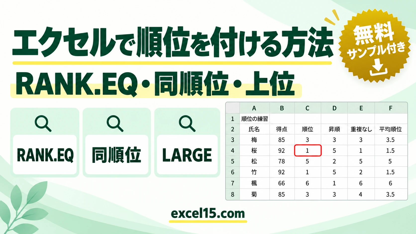 エクセルで順位を付ける方法｜RANK.EQ・同順位・昇順・上位の取り出し