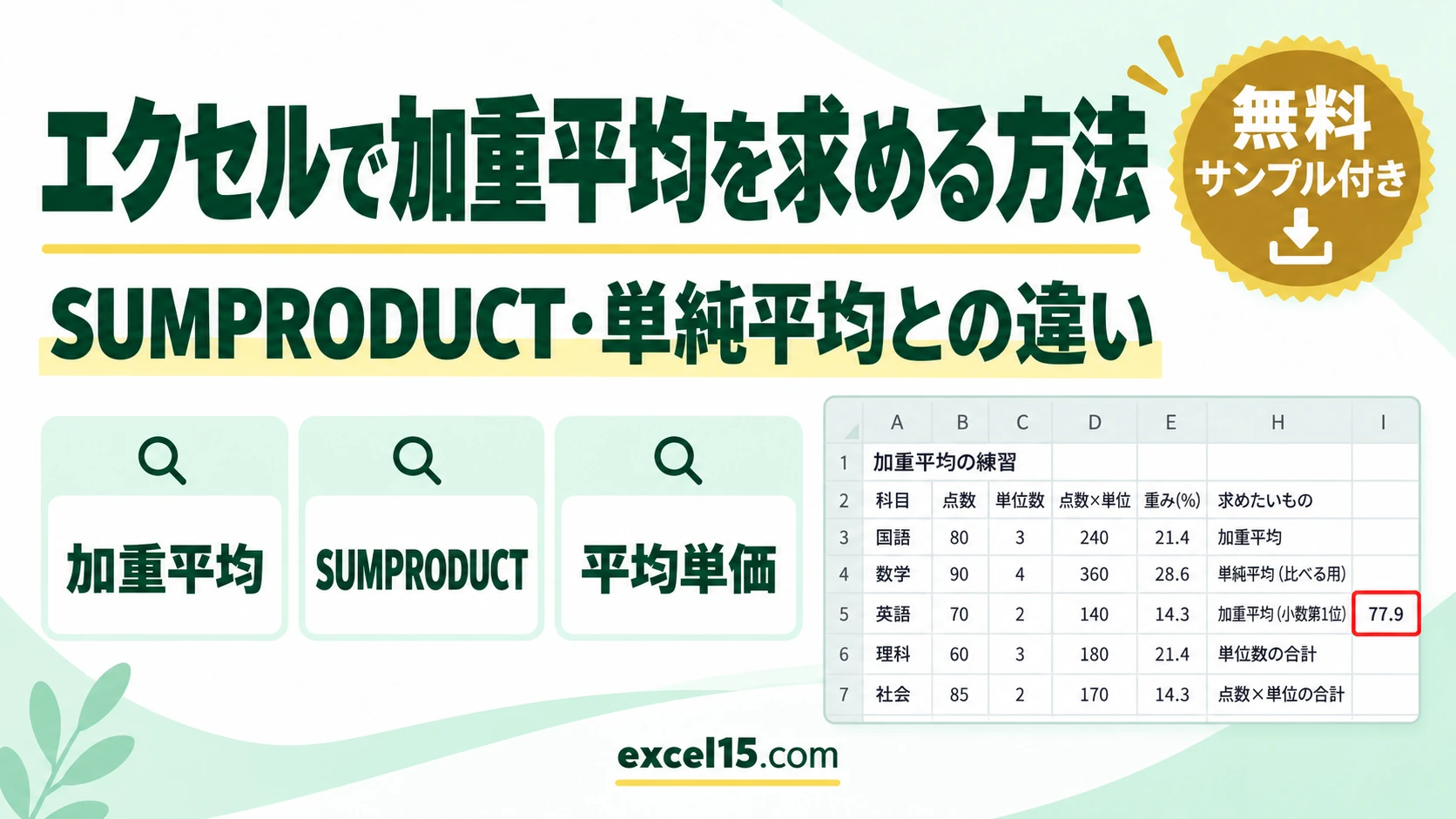 エクセルで加重平均を求める方法|SUMPRODUCT・単純平均との違い・平均単価