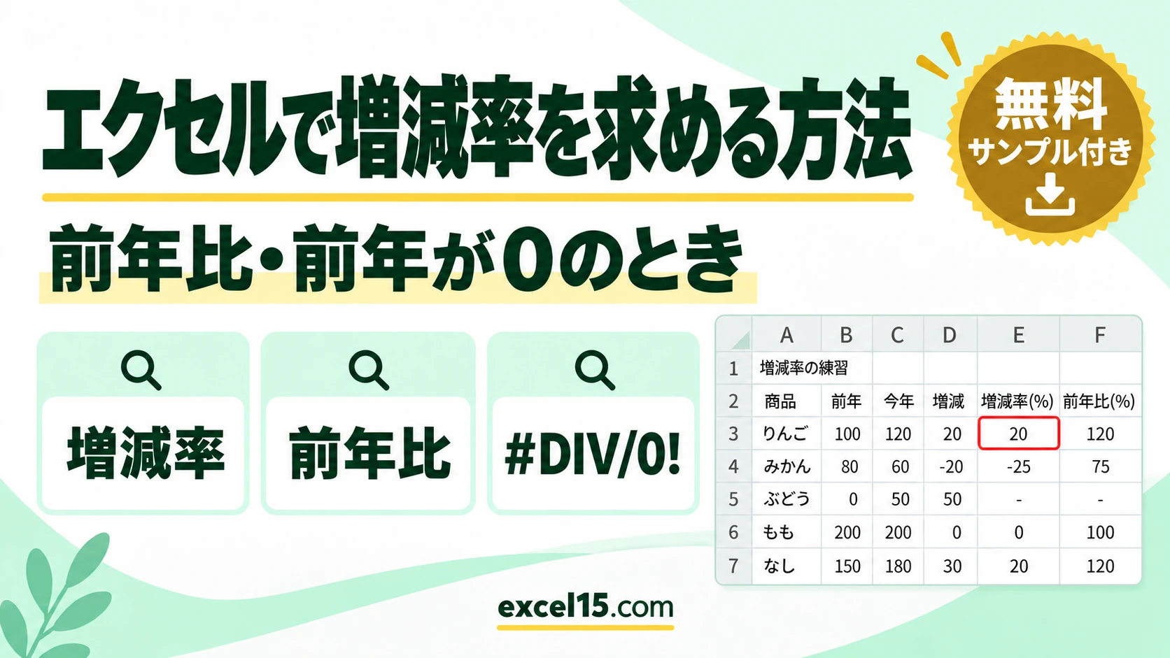 エクセルで増減率を求める方法｜前年比・前年が0のとき・％の表示・全体の増減率