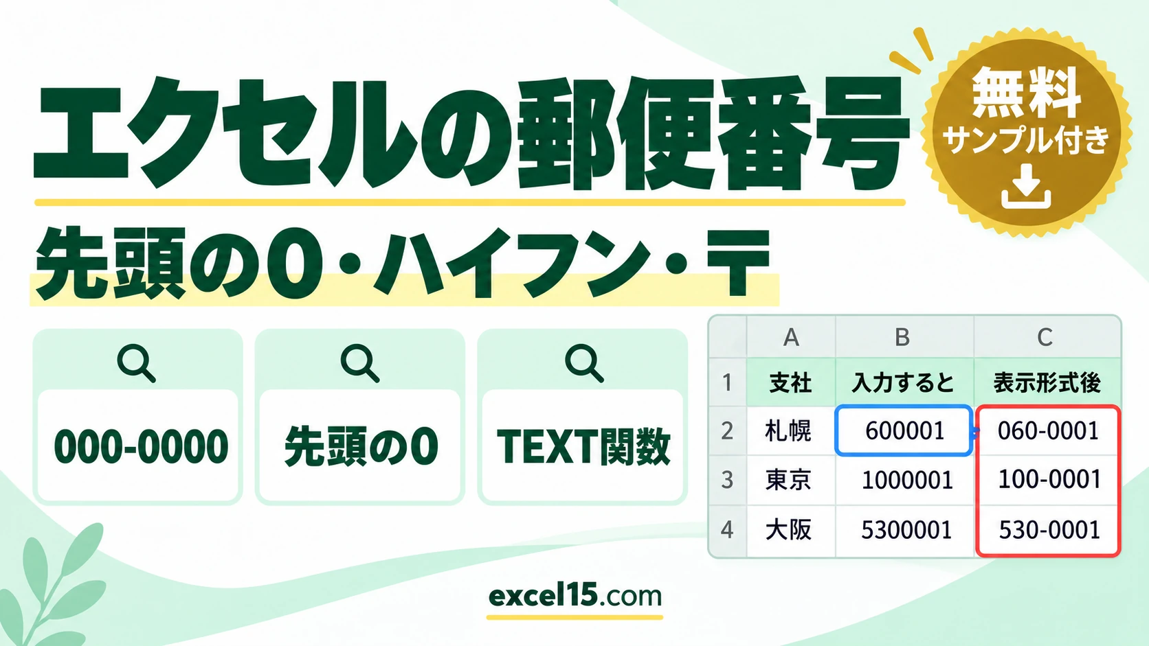 エクセルの郵便番号｜先頭の0が消える・ハイフンを付ける/消す・〒を付ける