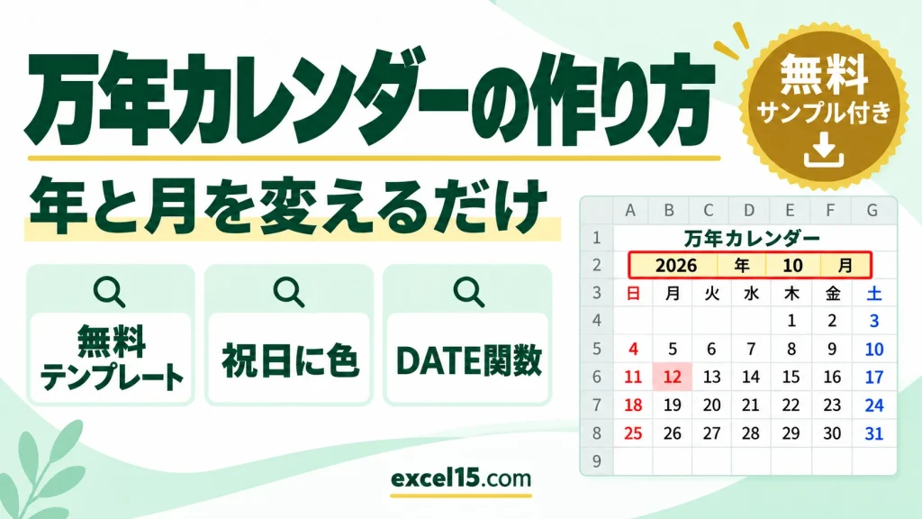 エクセルで万年カレンダーを作る方法｜年と月を変えるだけ・祝日に色（無料テンプレート）