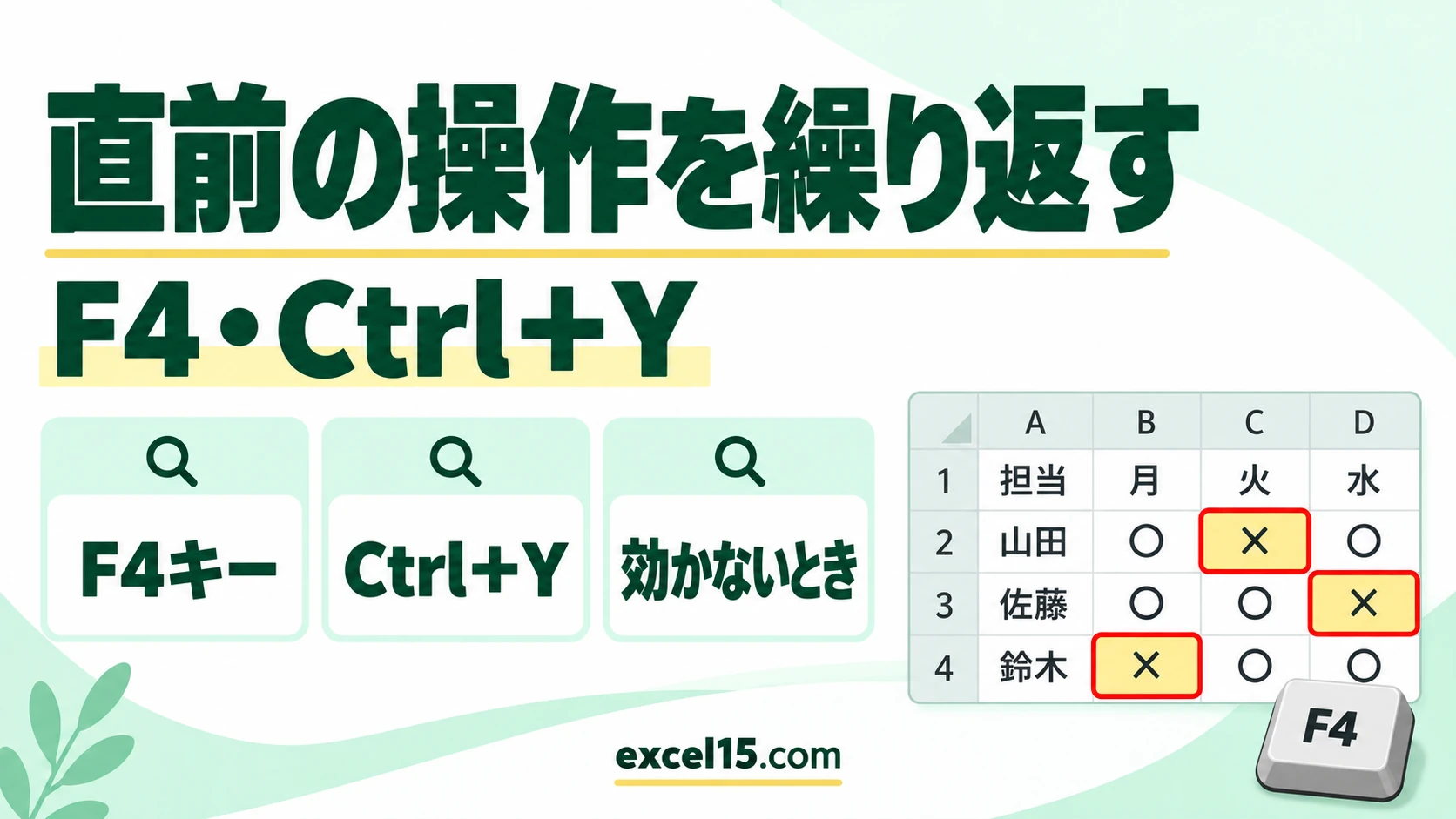 エクセルで直前の操作を繰り返すショートカット｜F4・Ctrl＋Y・効かないとき
