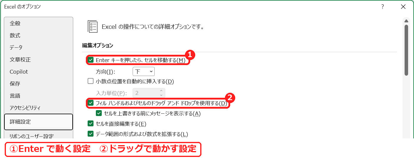 エクセルのオプションの詳細設定でEnterキーとドラッグアンドドロップの設定