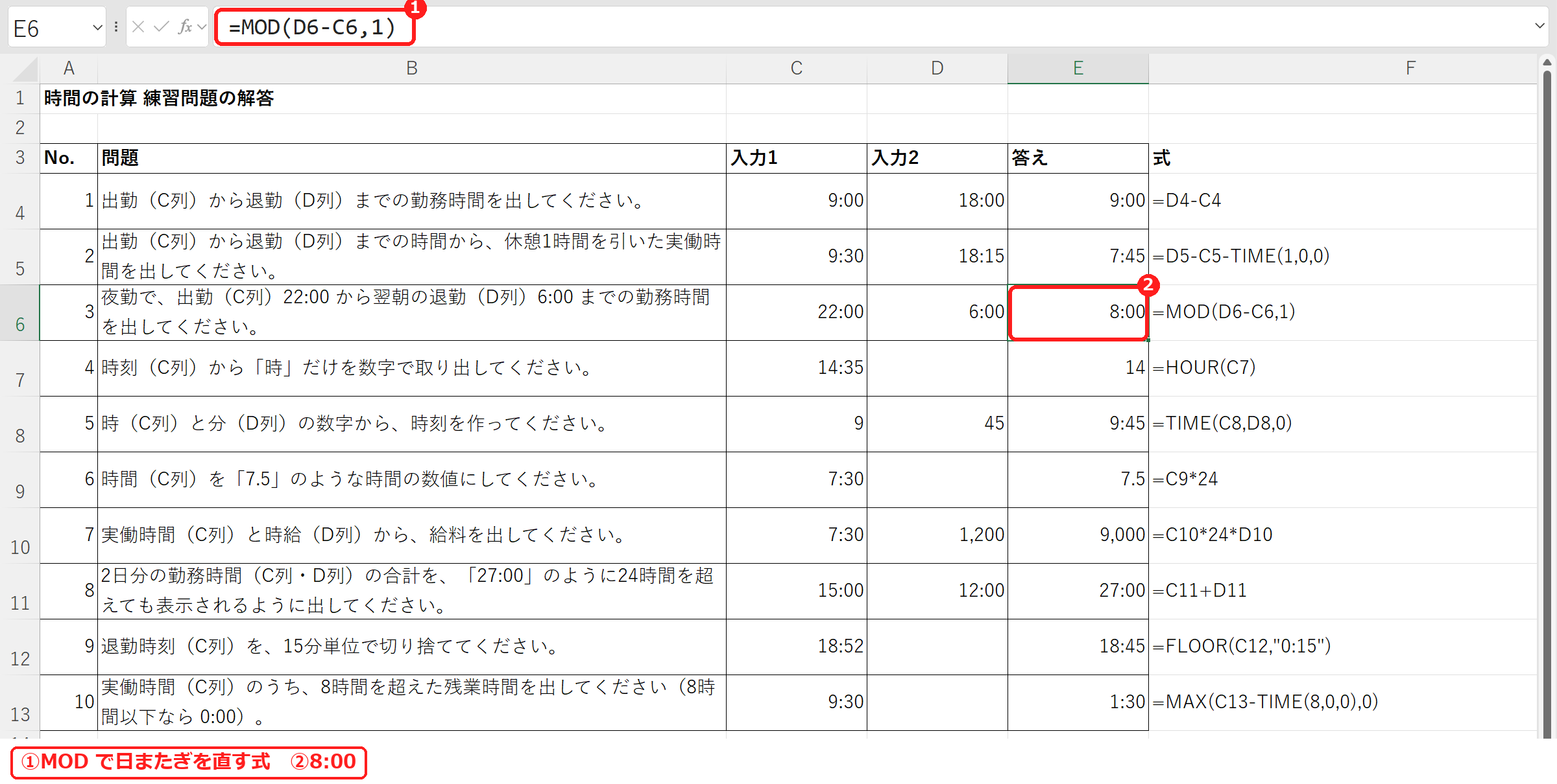 エクセルでMODを使って日をまたぐ勤務時間を出した式と結果