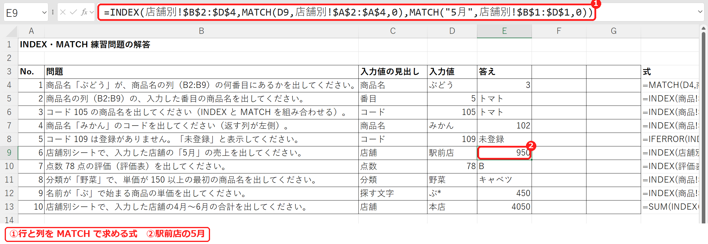 エクセルでINDEXとMATCHを2つ使って店舗と月から売上を出した式と結果