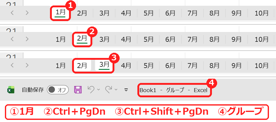 エクセルでCtrl+PageDownとCtrl+Shift+PageDownを押したときのシート見出しの変化