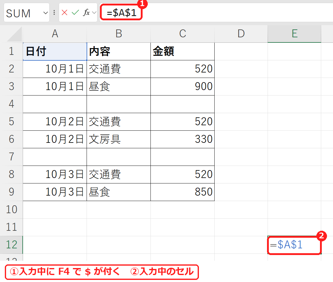 エクセルで数式の入力中にF4を押してA1が$A$1に変わったところ