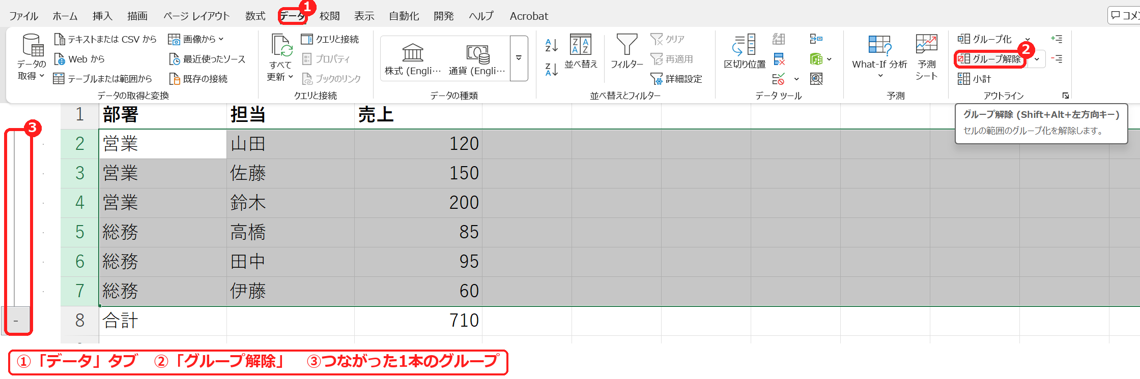 エクセルでつながったグループの行を選んでデータタブのグループ解除を押すところ